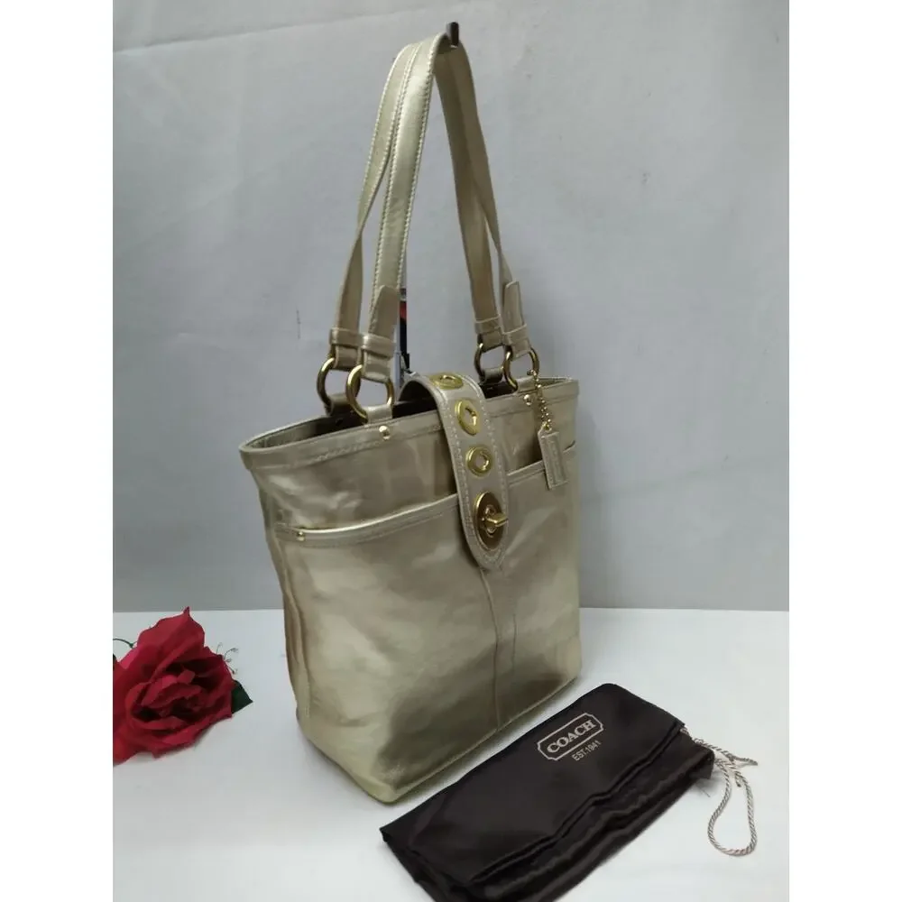 Coach Lily Metallic Gold Leather Limited Ed TurnLock Tote Bag - VTG